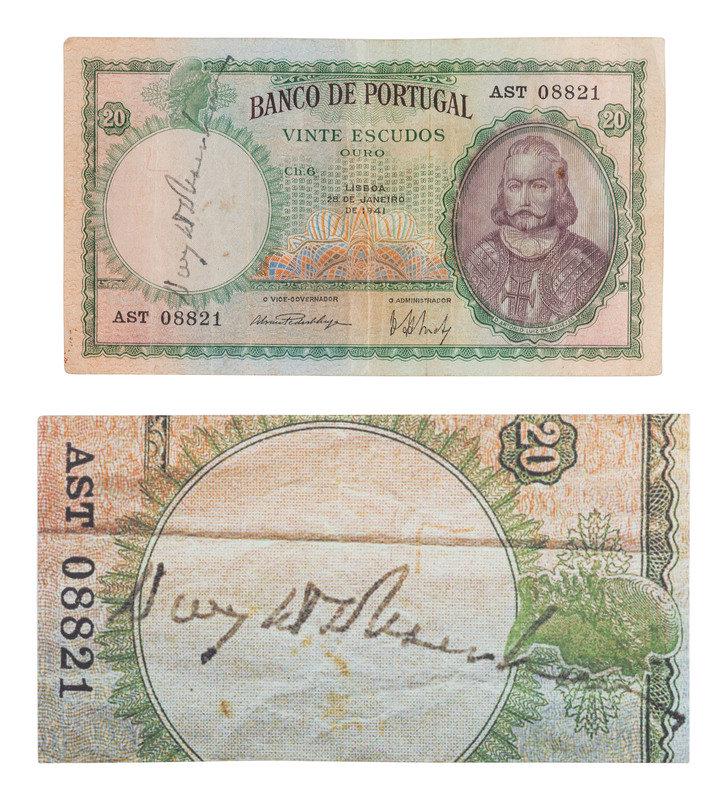 [EISENHOWER, DWIGHT D. (1890-1969)]. Autograph on Portuguese bank note obtained by WWII Veteran.  (1 of 4)