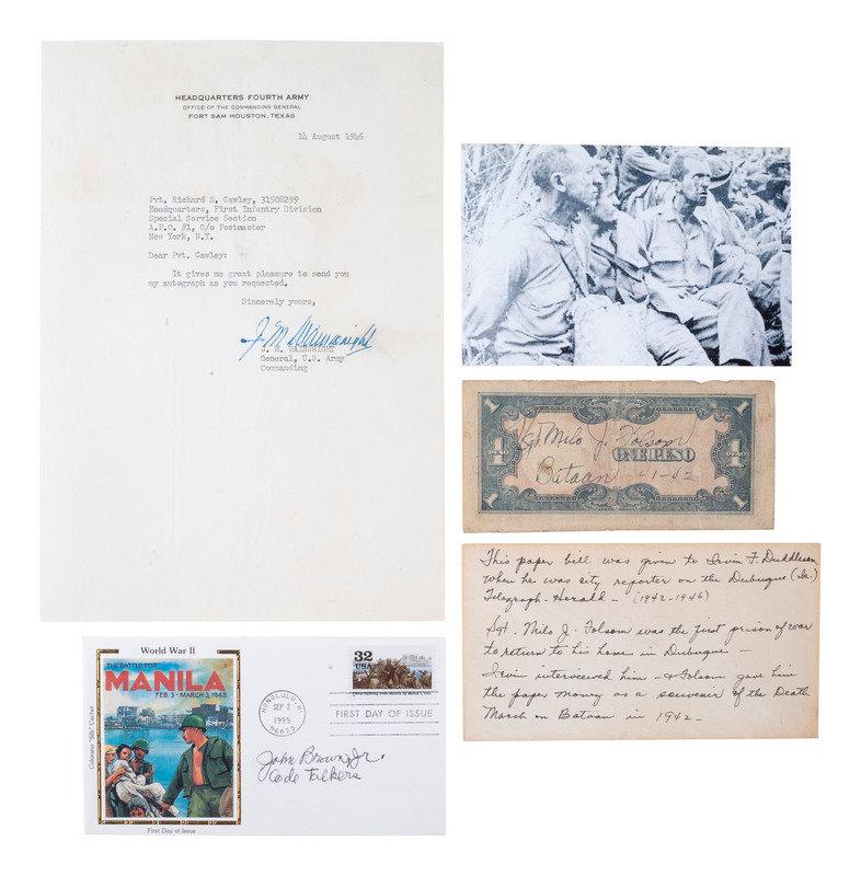 [WWII]. Bataan and Corregidor survivor signatures incl. Generals Wainwright and MacArthur.  (1 of 6)