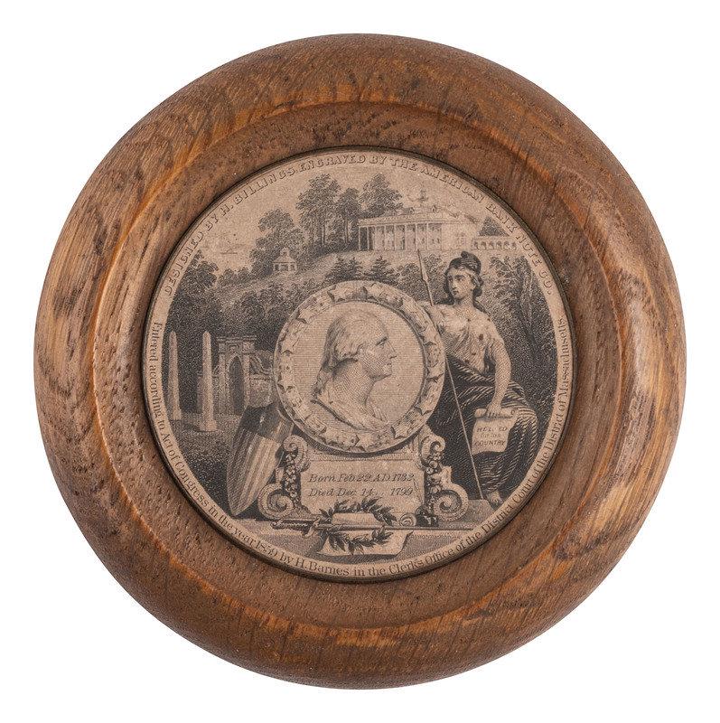 [politics]. Engraving Of Washington Displayed In Wood Medallion From Mount Vernon. Auction