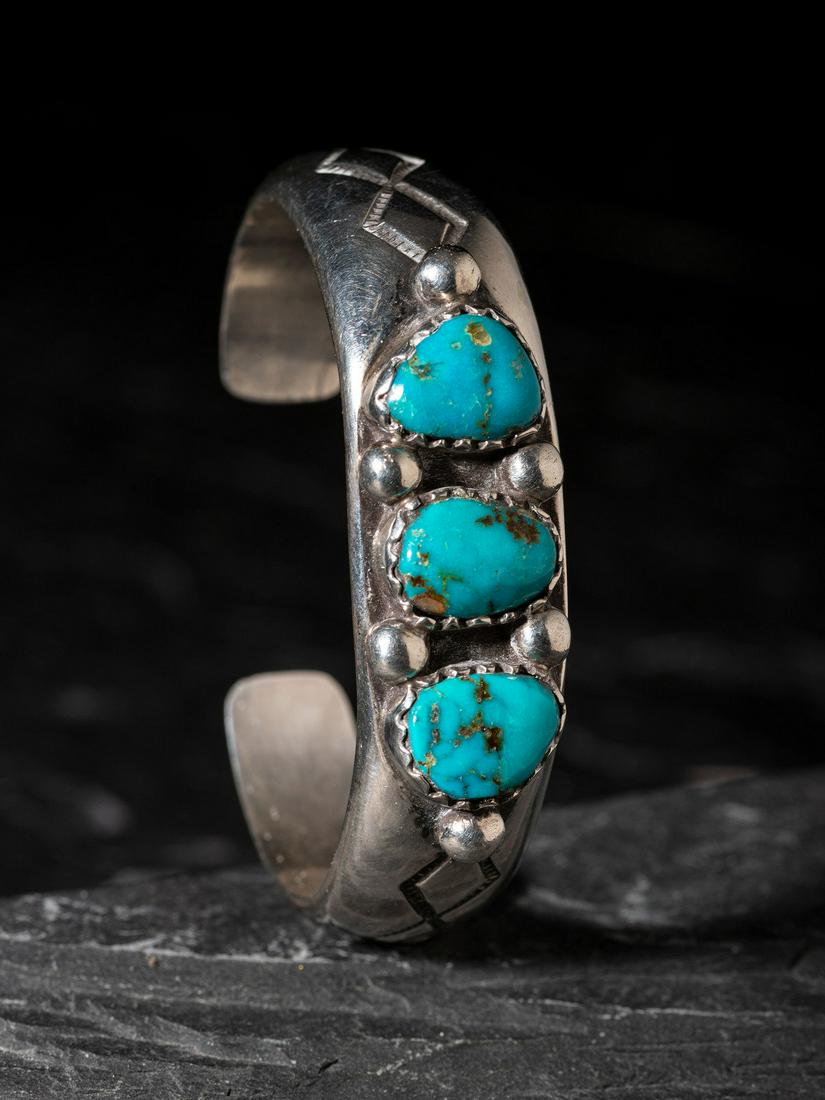 Julian Lovato (Kewa, 1922-2018) Sterling Silver and Blue Diamond Turquoise Cuff Bracelet (1 of 3)