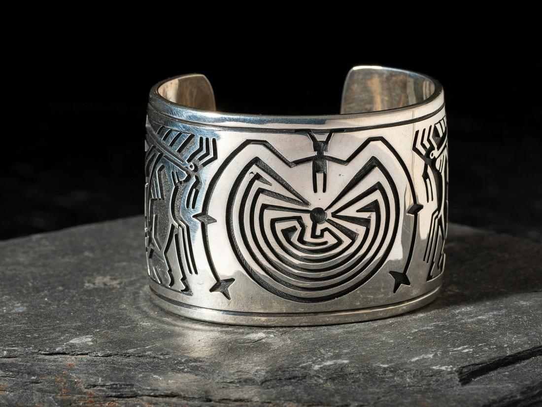 Victor Coochwytewa (Hopi, 1922-2011) Silver Overlay Man-in-the-Maze and Star Cuff Bracelet (1 of 3)