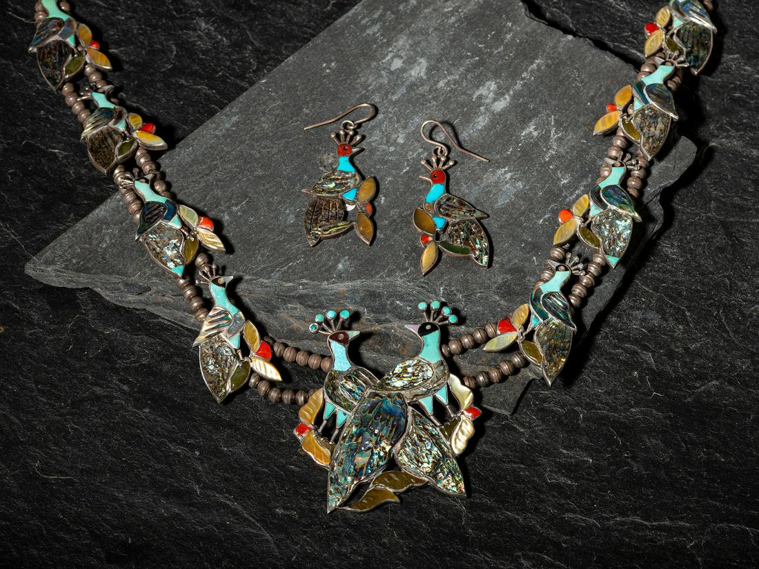 Jack Mahkee (Zuni, 20th century) Mosaic Inlay Peacock Squash Blossom Necklace, PLUS Hook Earrings (1 of 4)