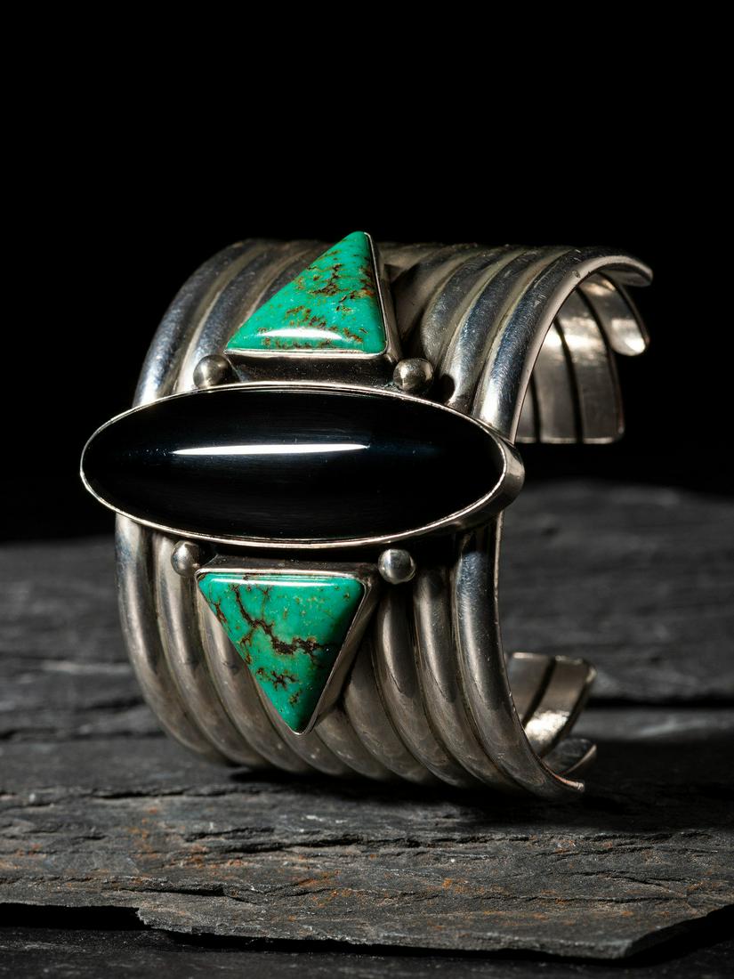 Mike Bird Romero (Ohkay Owingeh, b. 1946) Sterling Silver, Turquoise, and Onyx Cuff Bracelet (1 of 3)