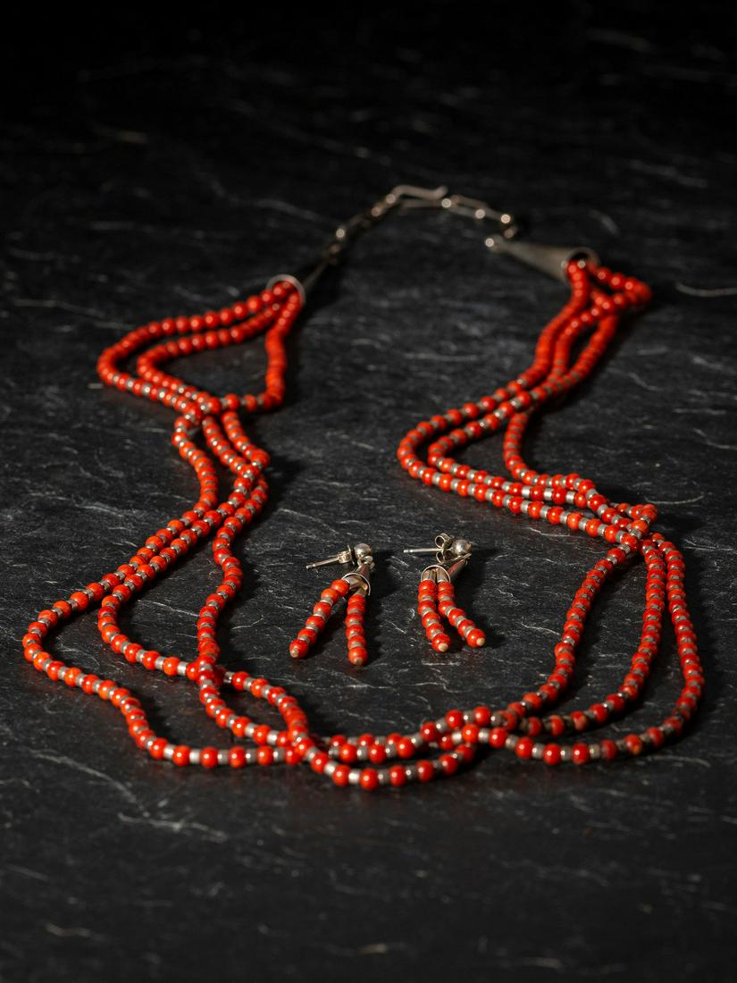 Mary Nancy Coaque Aguilar (Jemez-married into Kewa, b. 1946) Three-strand Red Coral and Silver (1 of 3)