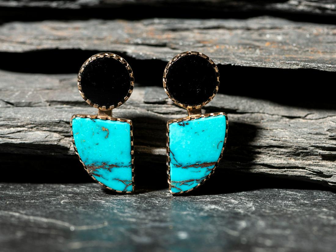 Gail Bird and Yazzie Johnson (Diné, b. 1946 and 1949) 14K Gold, Onyx, and Turquoise Clip (1 of 3)