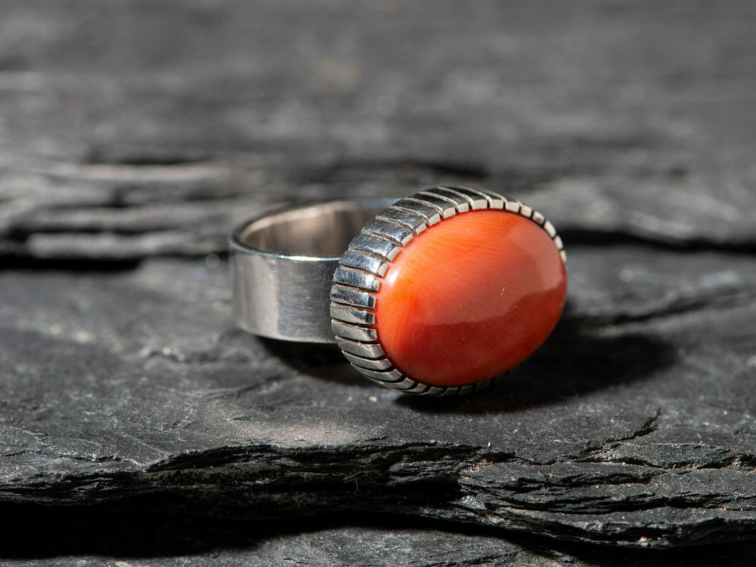 Gail Bird and Yazzie Johnson (Diné, b. 1946 and 1949)  Sterling Silver and Coral Ring (1 of 3)