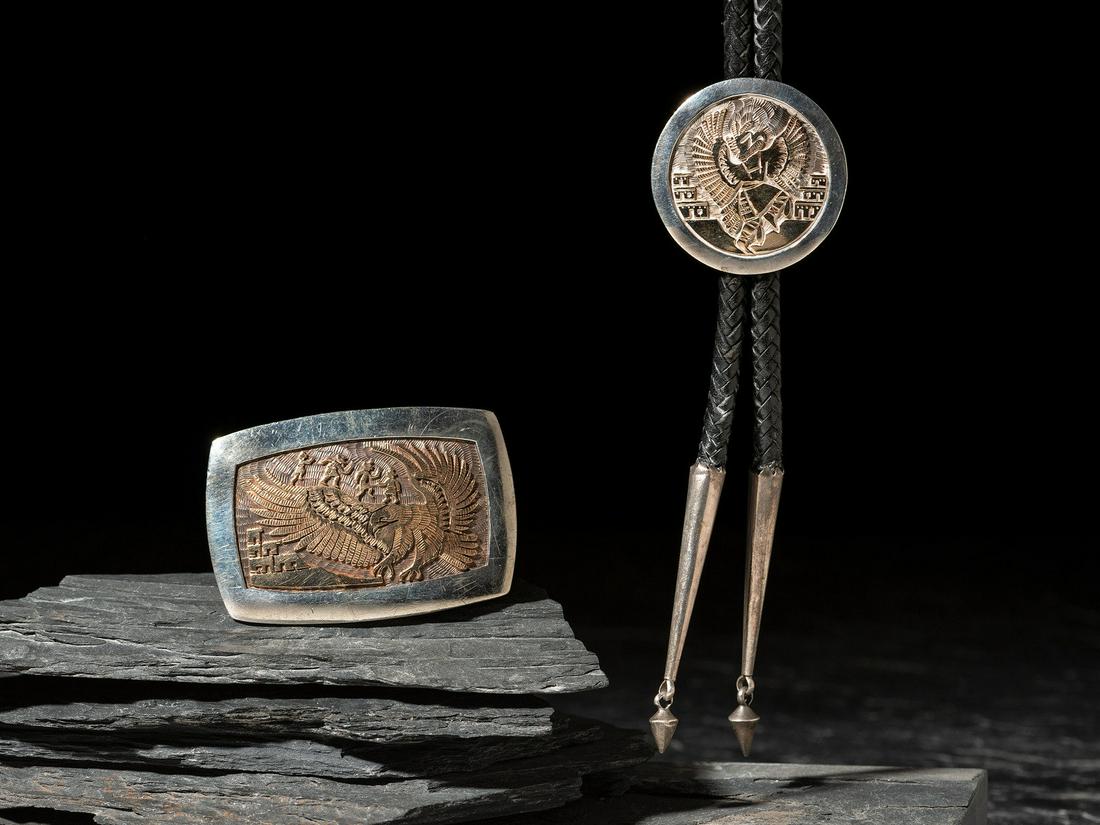 Watson Honanie (Hopi, b. 1953) Silver and 14K Gold Bolo Tie and Belt Buckle Set (1 of 4)