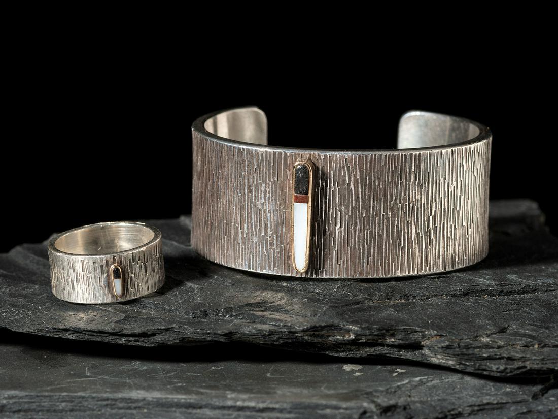 Norbert Peshlakai  (Diné, b. 1953)  Matching Silver Cuff Bracelet and Ring (1 of 5)