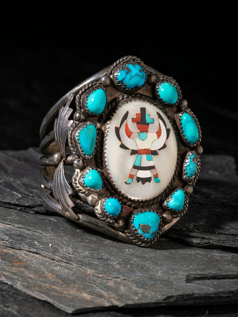 Zuni Silver, Turquoise, Mosaic Inlay Knifewing Cuff Bracelet (1 of 2)