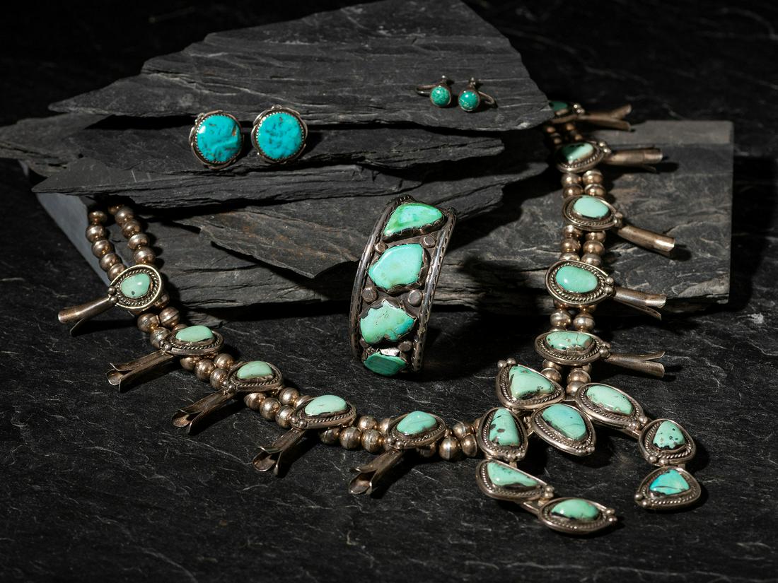 Navajo Silver and Turquoise Squash Blossom Necklace, Cuff Bracelet, and Earrings (1 of 3)
