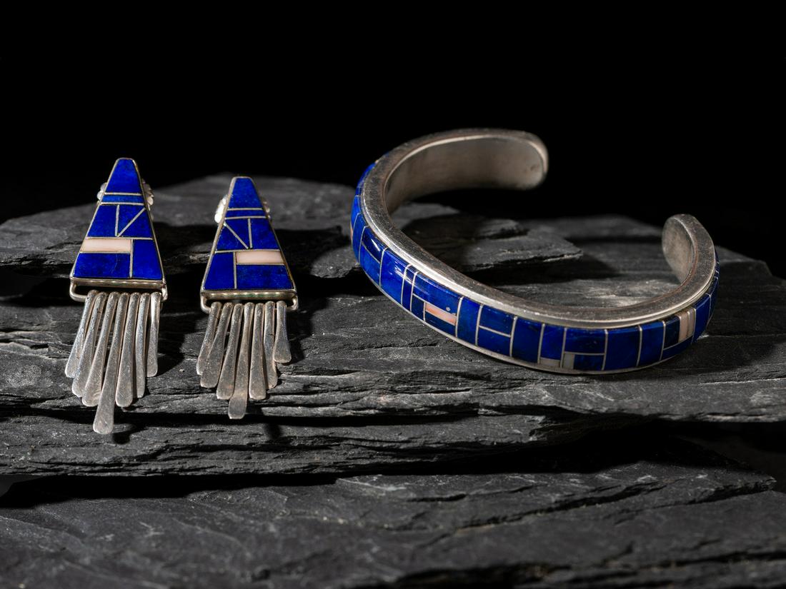 Navajo Sterling Silver and Lapis Channel Inlay Cuff Bracelet and Post Earrings (1 of 4)