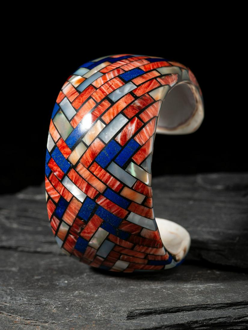 Angie Reano Owen, Attributed (Kewa, 20th/21st century) Lapis and Spiny Oyster Mosaic Inlay Cuff (1 of 2)