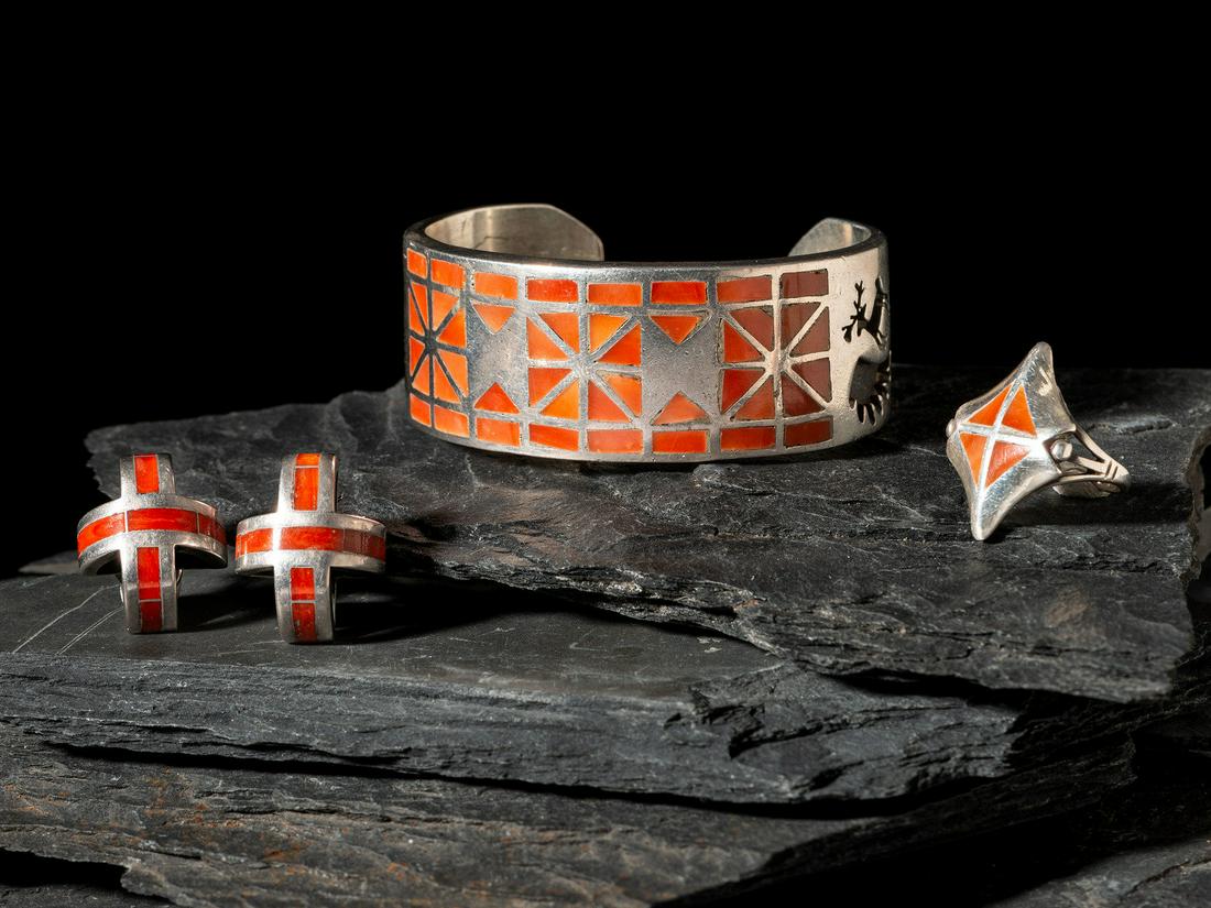 Zuni Silver and Channel Inlay Coral Cuff Bracelet, Ring, and Post Earrings (1 of 3)
