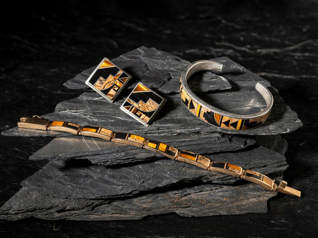 Navajo Mosaic Inlay Cuff Bracelet, Link Bracelet, and Post Earrings (1 of 5)