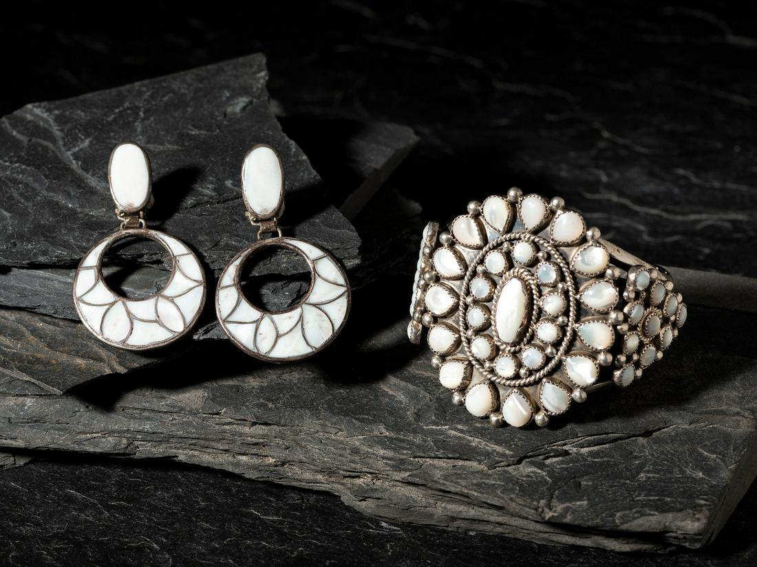 Mike Platero (Diné, 20th century) Sterling Silver and Shell Cluster Cuff Bracelet, PLUS (1 of 4)