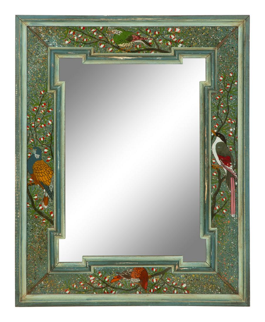 A Painted Molded Wood Framed Mirror with Reverse Painted Glass Panels Depicting Birds in Foliage (1 of 4)