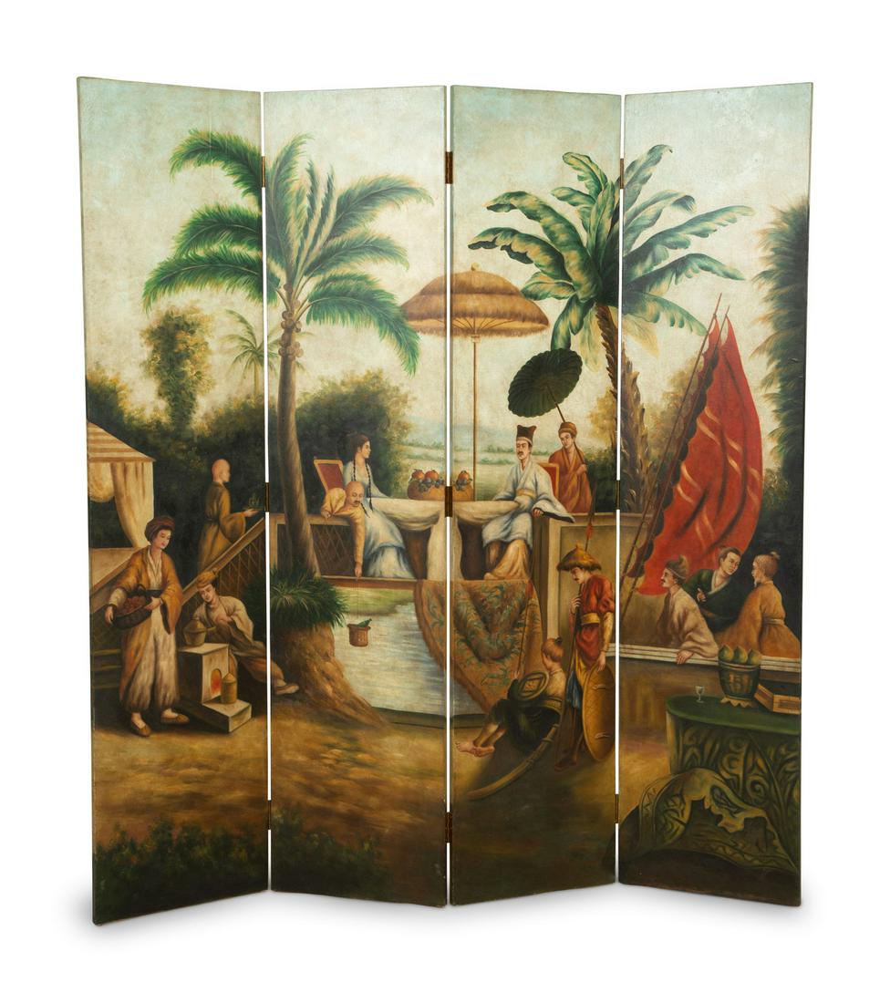 A Painted Four-Panel Floor Screen with Orientalist Scene (1 of 4)