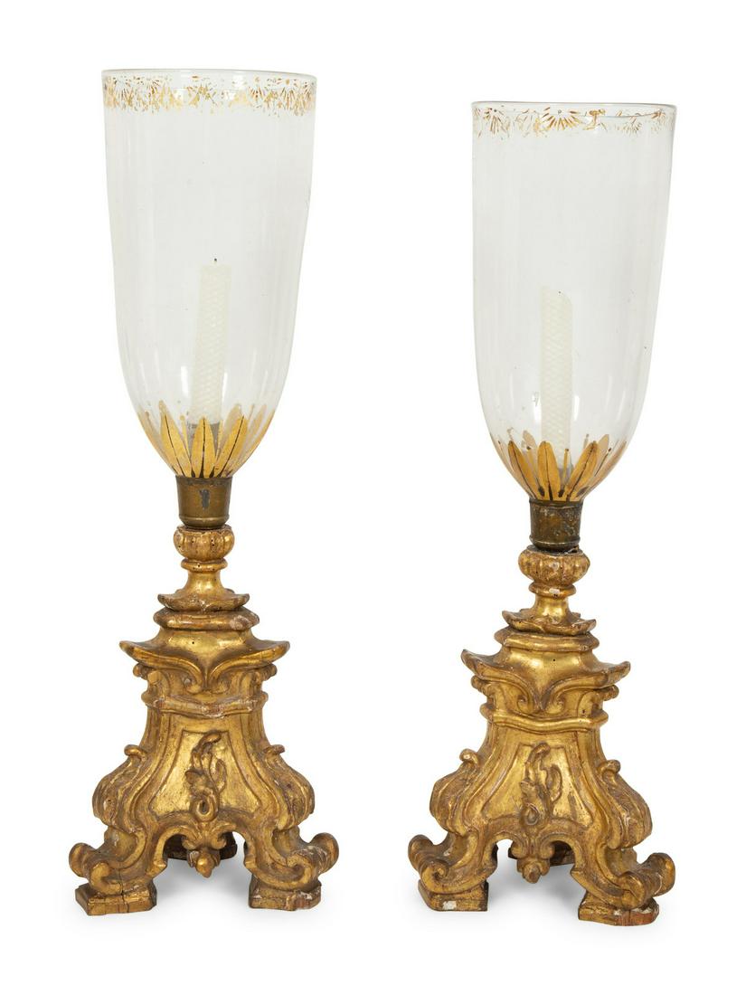 A Pair of Italian Giltwood Altar Candlesticks with Hurricane Shades (1 of 3)
