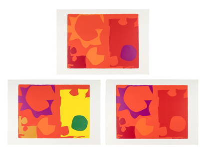 Patrick Heron (British, 1920-1999) Six in Vermillion with Green in Yellow; Six in Vermillion with: Patrick Heron (British, 1920-1999) Six in Vermillion with Green in Yellow; Six in Vermillion with Violet in Red; and Six in Vermillion with Red in Red (a group of three prints), 1970 color screenprint