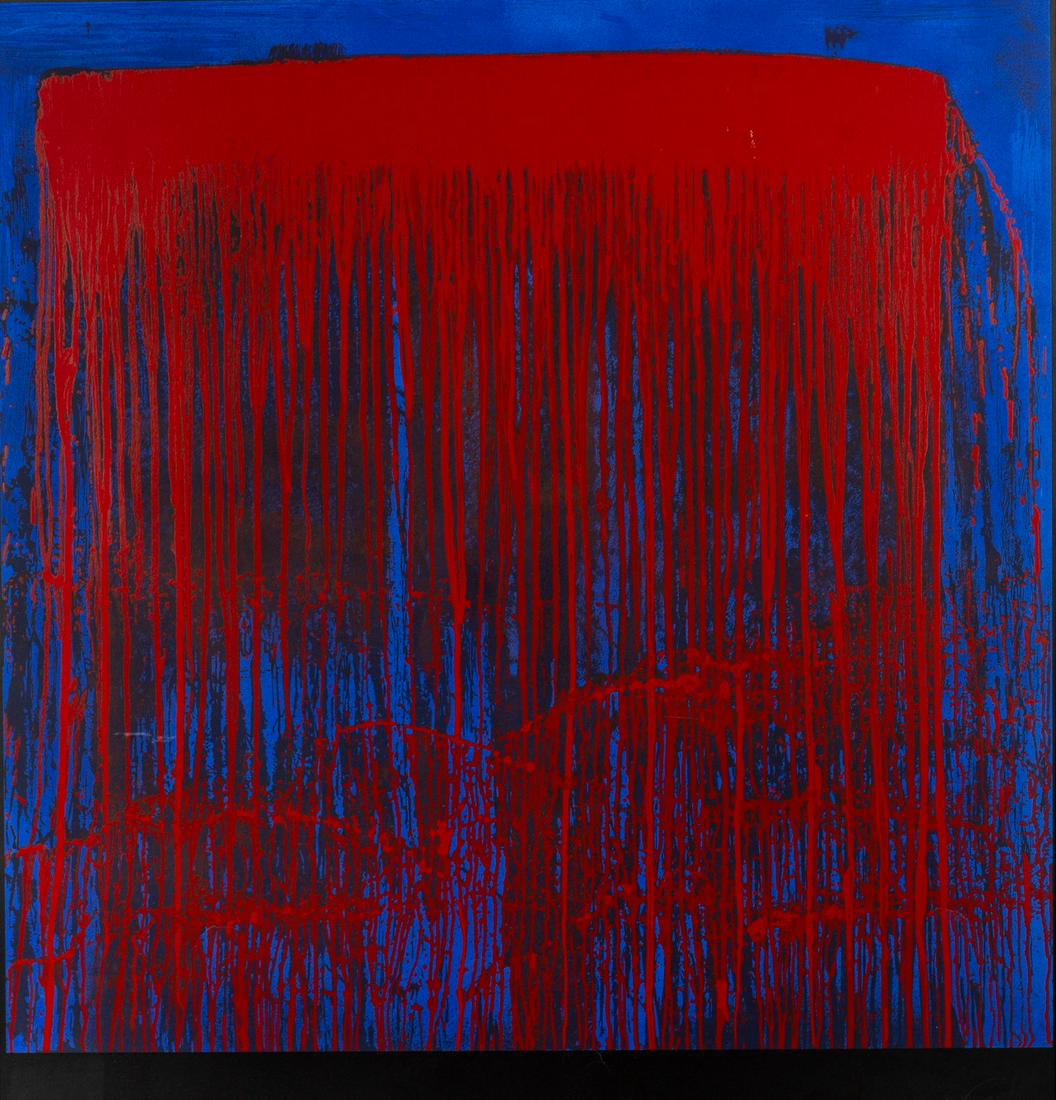 Pat Steir (American, b. 1940) Red and Blue Berlin Waterfall, 1993: Pat Steir (American, b. 1940) Red and Blue Berlin Waterfall, 1993 color screenprint signed and numbered 50/108 in pencil 34 1/4 x 34 inches. Property from the Collection of Stephen Burch