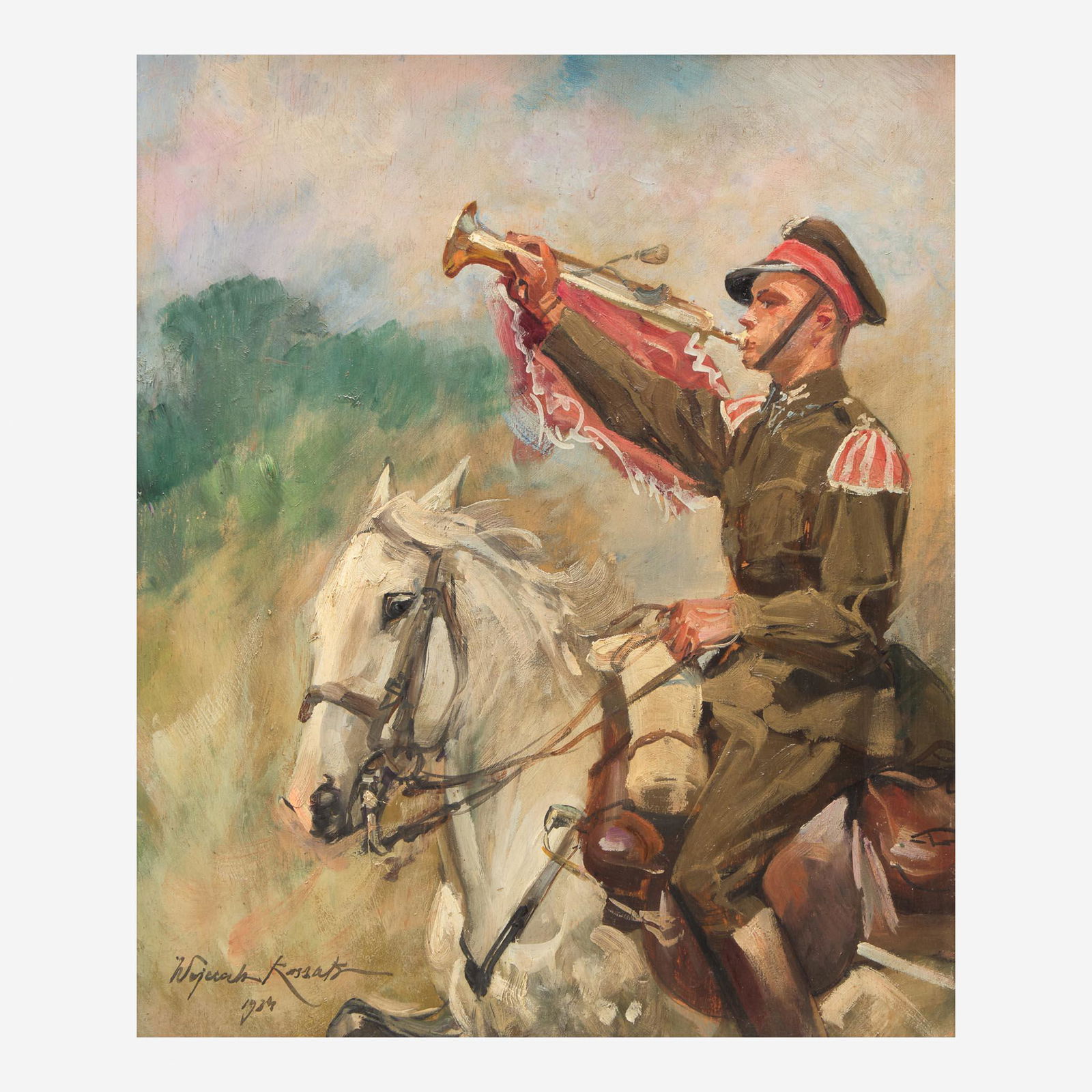 Woiciech (Aldabert) Ritter von Kossak (Polish, 1856-1942) Trumpetting Soldier on Horseback (1 of 2)