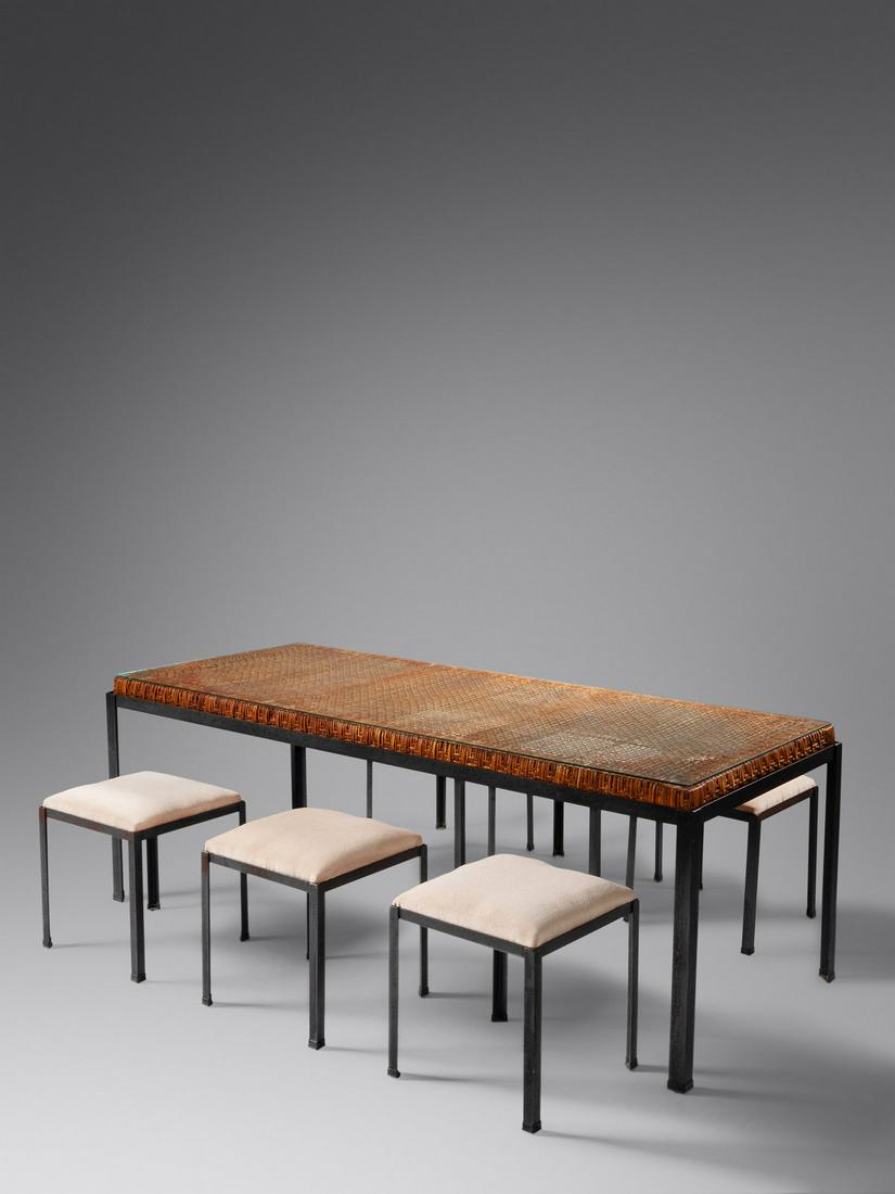 Danny Ho Fong (American, 1915-1992) Osetsu Dai Dining Table with Six Stools, c. 1959  Tropi-Cal, USA (1 of 2)