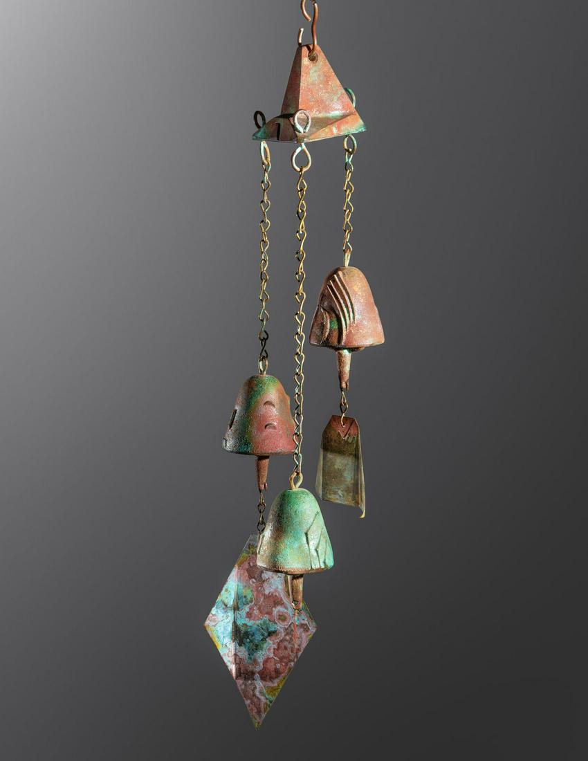 Paolo Soleri (Italian/American, 1919-2013) Triple Wind Bell Arcosanti Studios, USA: Paolo Soleri (Italian/American, 1919-2013) Triple Wind Bell Arcosanti Studios, USA cast aluminum, bronze, copper with cast makers mark H 22 x W 7 x D 7 inches.