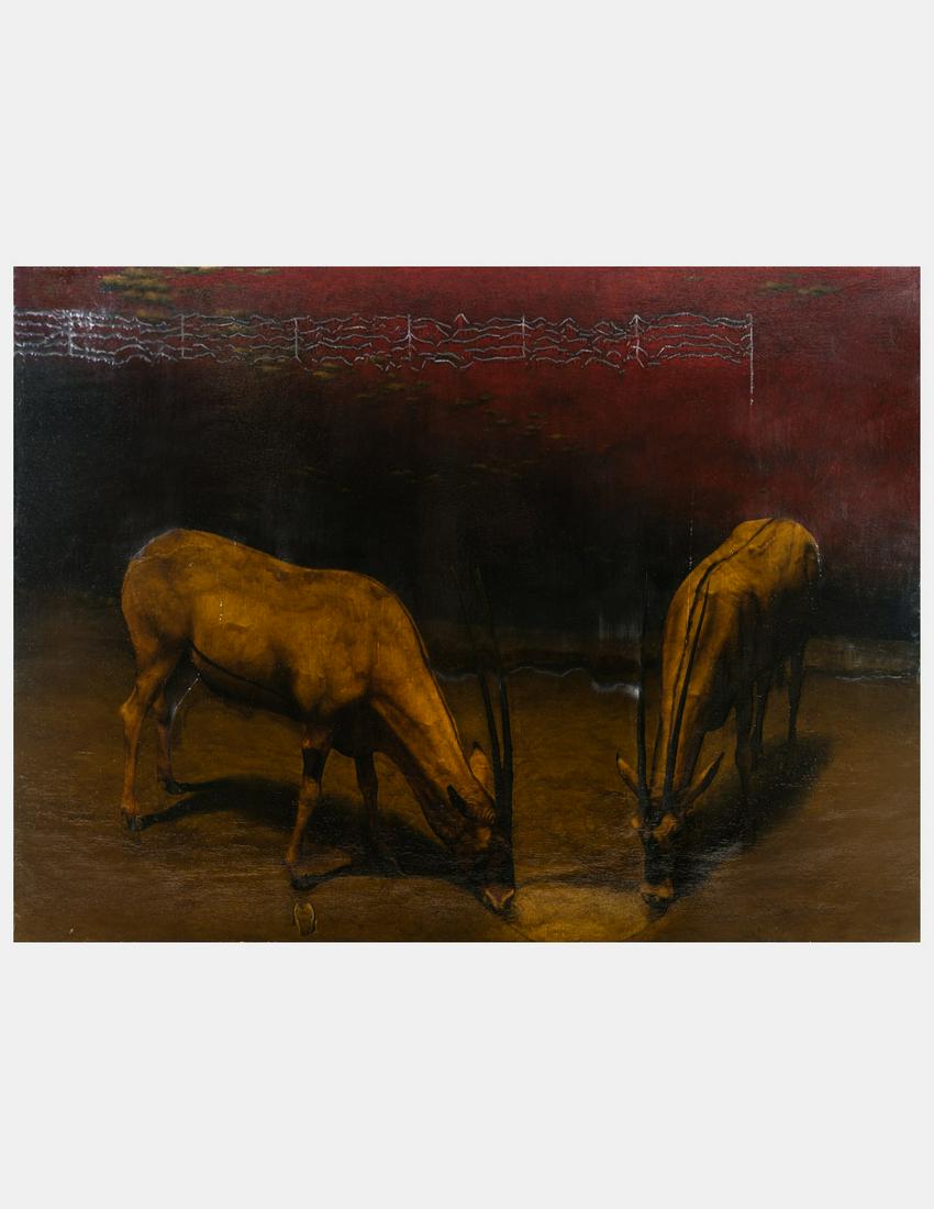 David Klamen (American, b. 1961) Untitled (2 Oryx), 1987: David Klamen (American, b. 1961) Untitled (2 Oryx), 1987 oil on canvas signed Klamen and dated (verso) 72 x 96 inches. Provenance: Marianne Deson Gallery, Chicago Exhibited: Wausau, Wisconsin, Leigh Y