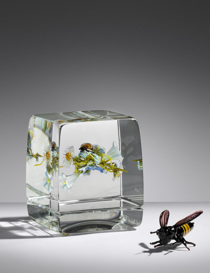 Paul Stankard (American, b. 1943) Botanical Paperweight and Bee, 1993: Paul Stankard (American, b. 1943) Botanical Paperweight and Bee, 1993 lampworked glass, polished clear glass etched signature ‘Paul J. Stankard D35 '93’ H 2 3/3 x W 2 1/2 x D 2 1/2 inches.