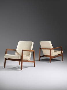 Lewis Butler (American, 1924-2001) Pair of Lounge Chairs Knoll, USA: Lewis Butler (American, 1924-2001) Pair of Lounge Chairs Knoll, USA upholstery, walnut H 29 1/2 x W 24 3/4 x D 22 1/2 inches.