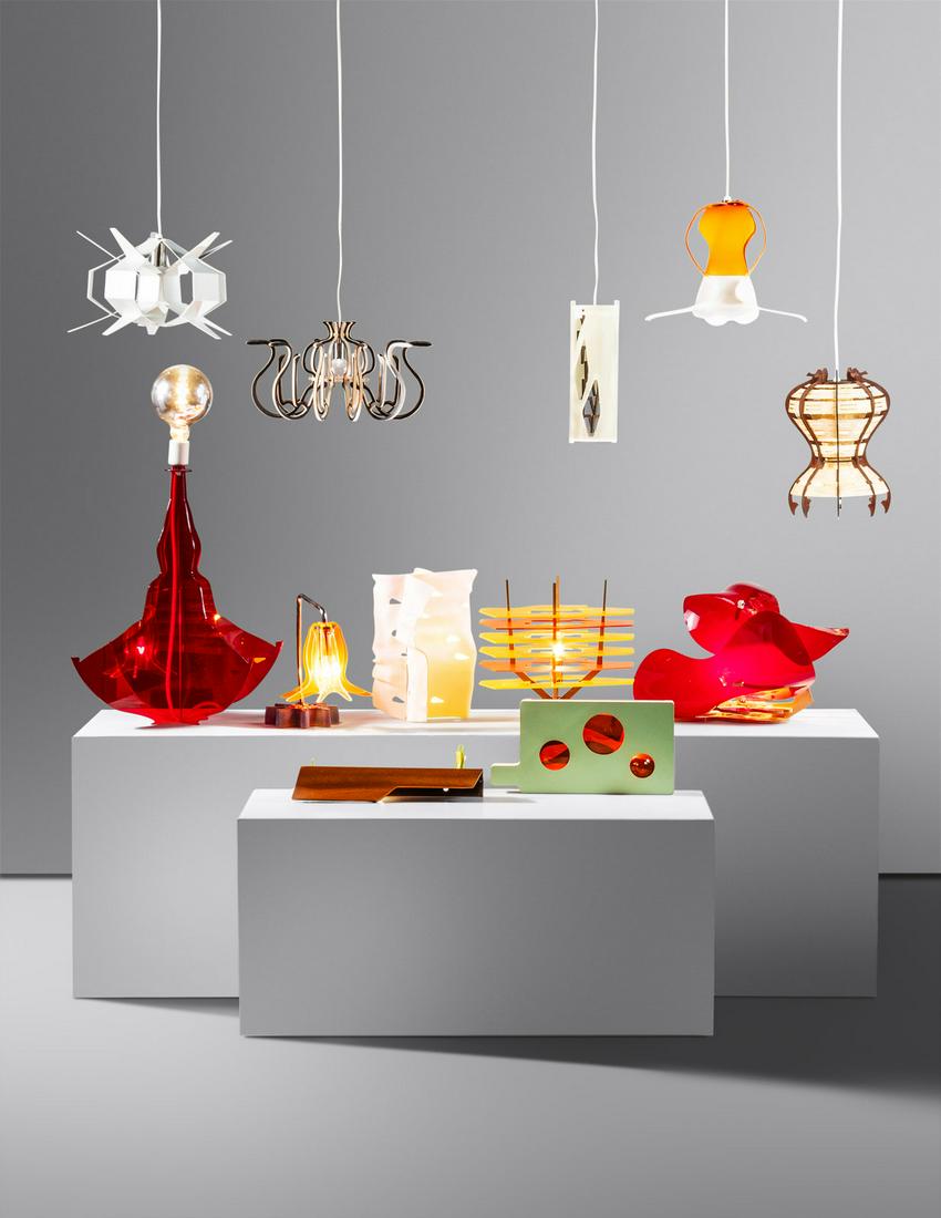 Jorge Pardo (Cuban/American, b. 1963) Penelope (Set of Twelve Subscription Lamps), 2003-2008: Jorge Pardo (Cuban/American, b. 1963) Penelope (Set of Twelve Subscription Lamps), 2003-2008 molded plastic, birch plywood, walnut, pressboard, laminate over plywood, chrome-plated steel, polyurethane