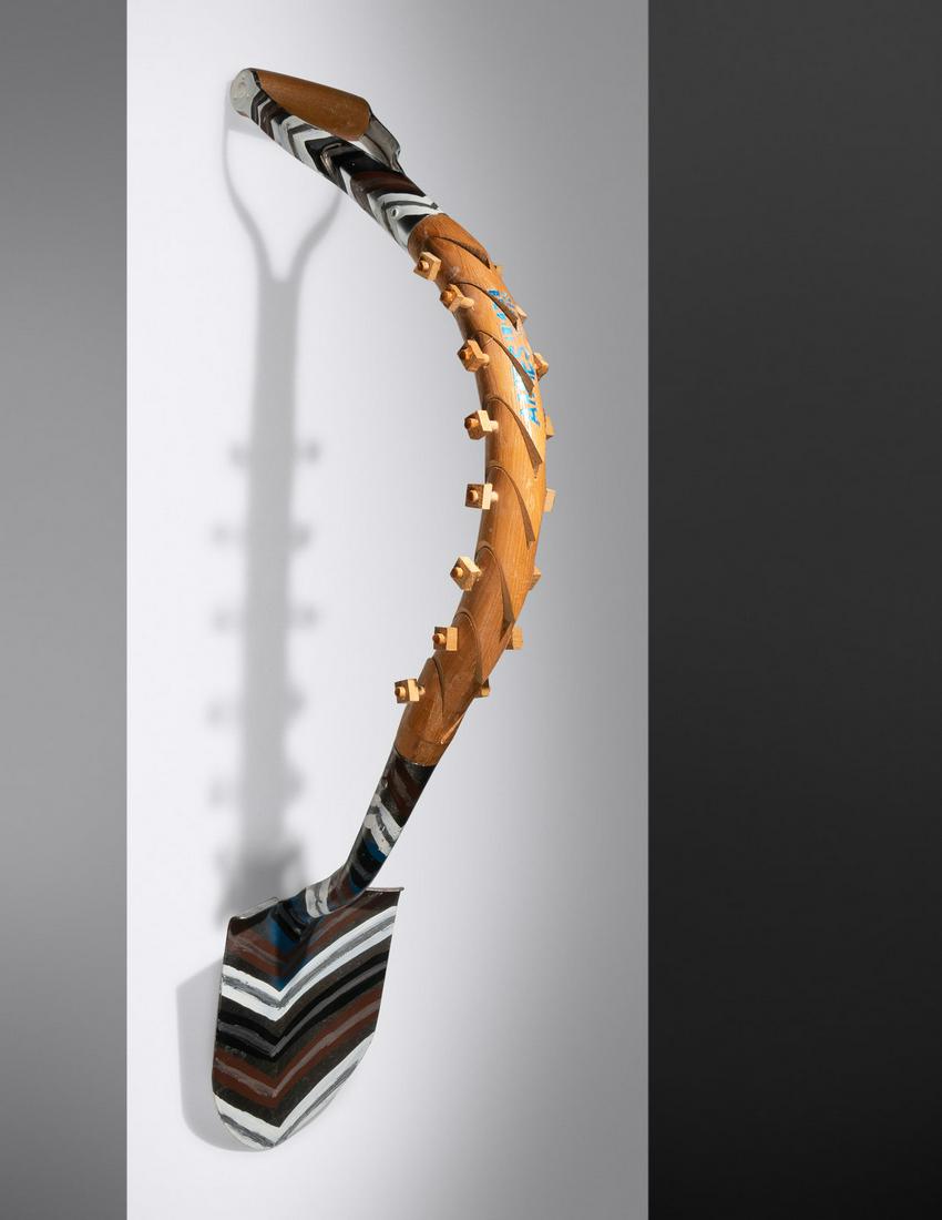 Margaret Wharton (American, 1943-2014) Pala, 1985: Margaret Wharton (American, 1943-2014) Pala, 1985 painted metal and wood signed, dated and numbered 21/35 Height: 39 inches.