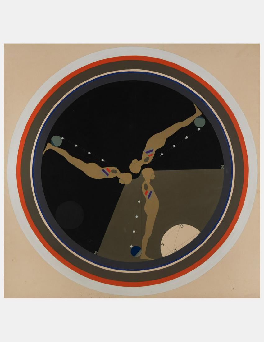Ernest Trova (American, 1927-2009) Three Men in Circles, 1968: Ernest Trova (American, 1927-2009) Three Men in Circles, 1968 oil on canvas signed Ernest Tino Trova (verso) 68 1/4 x 68 1/4 inches. Property from a Private Art Collection Provenance: The J.L. Hudson