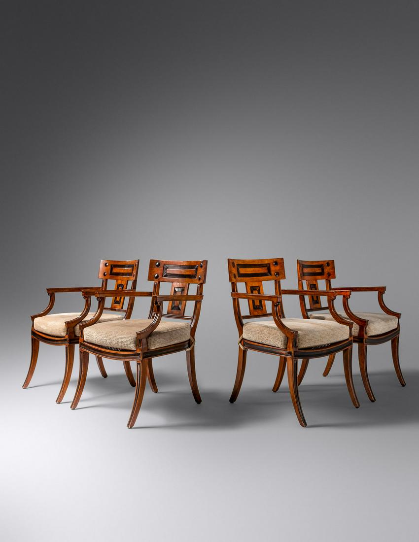 Michael Taylor (American, 1927-1986) Set of Four Klismos Arm Chairs Baker, USA: Michael Taylor (American, 1927-1986) Set of Four Klismos Arm Chairs Baker, USA walnut with manufacturer's plaque H 34 x W 21 3/4 x D 24 inches.