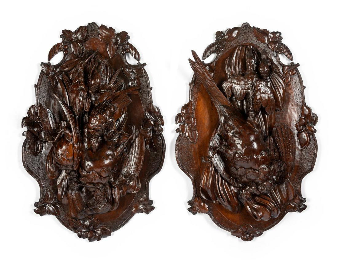 A Pair of Swiss Black Forest Carved Walnut Game Plaques (1 of 3)