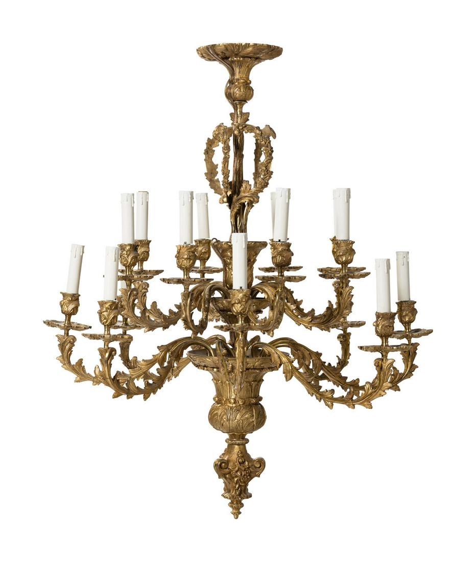 A Louis XV Style Gilt Bronze Sixteen-Light Chandelier: A Louis XV Style Gilt Bronze Sixteen-Light Chandelier 19th/20th Century Height 39 x diameter 32 inches. This lot is located in Chicago. Property from the Collection of Jo Ann Cline Yates, Lookout Moun