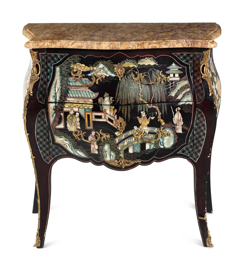 A Louis XVI Style Gilt Metal Mounted Lacquered Marble-Top Commode: A Louis XVI Style Gilt Metal Mounted Lacquered Marble-Top Commode Early 20th Century Height 33 1/2 x width 33 x depth 16 1/4 inches. This lot is located in Chicago.