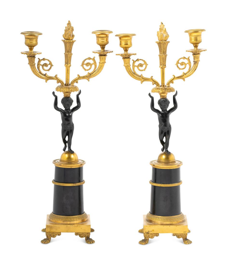 A Pair of Empire Style Parcel Gilt Metal Two-Light Candelabra (1 of 3)