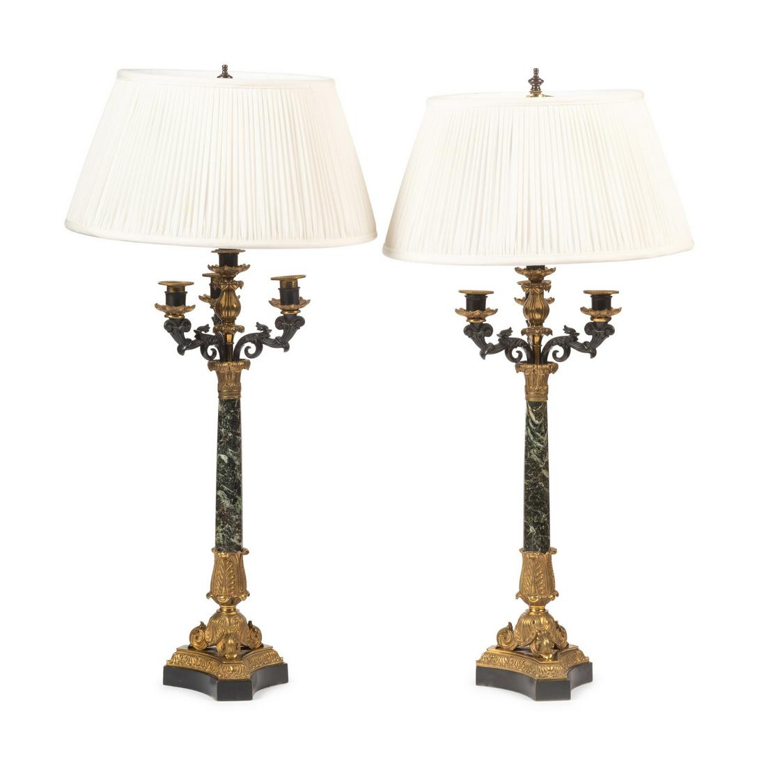 A Pair of Napoleon III Gilt and Patinated Bronze and Marble Four-Light Candelabra (1 of 2)