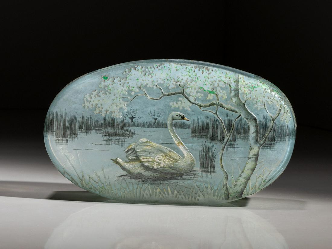 A Daum Enameled Glass Scenic Swan Vase (1 of 5)