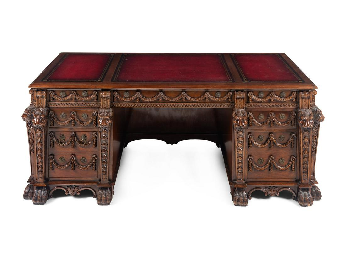 A George III Style Mahogany Partners' Desk: A George III Style Mahogany Partners' Desk After the Model by Thomas Chippendale for Nostell Priory, 20th Century Height 30 x width 76 x depth 38 inches. This lot is located in Chicago.
