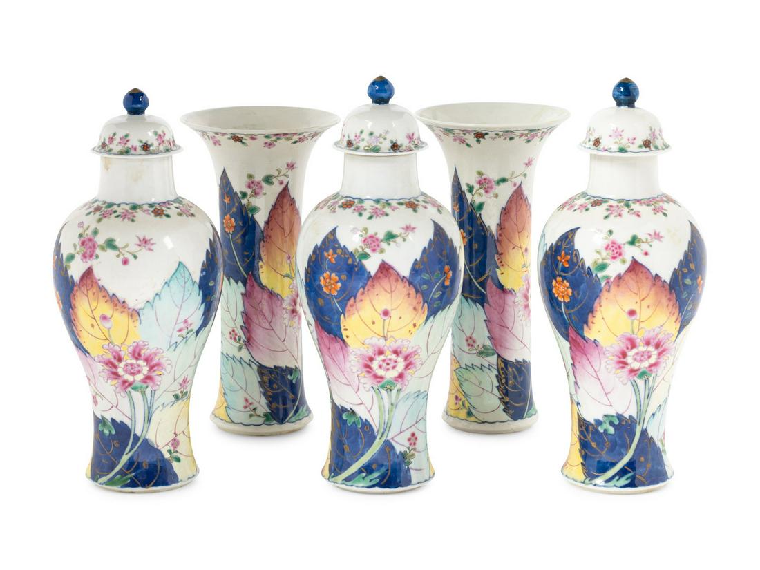 A Chinese Export Tobacco Leaf Porcelain Five-Piece Garniture (1 of 5)