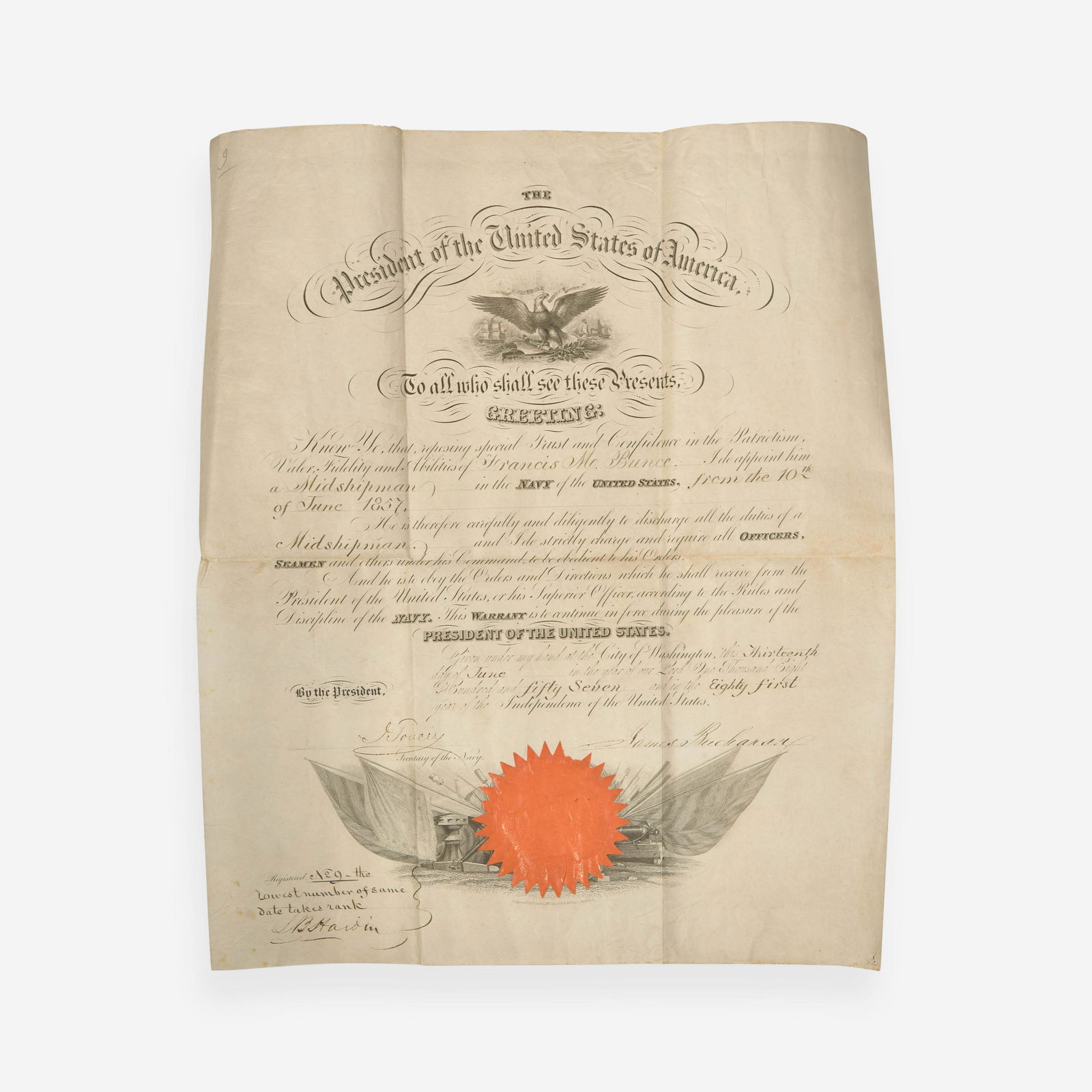 [Presidential] [Bunce, Francis M.] Buchanan, James Signed Military Commission (1 of 1)