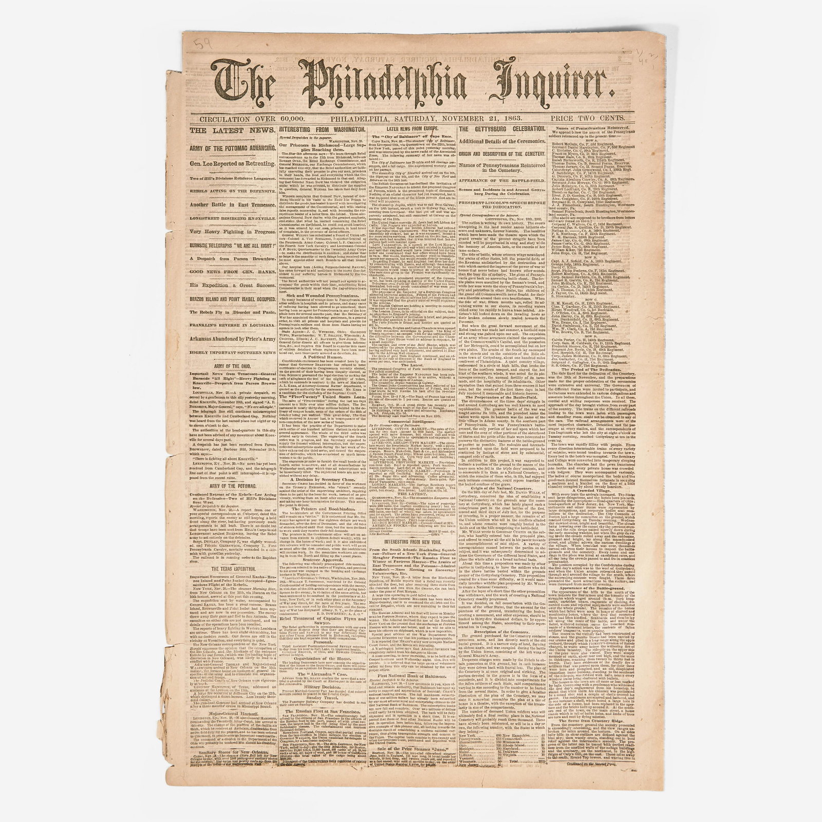 [Presidential] [Lincoln, Abraham] [Gettysburg Address] The Philadelphia Inquirer: [Presidential] [Lincoln, Abraham] [Gettysburg Address] The Philadelphia Inquirer Philadelphia: (William W. Harding), Saturday, November 21, 1863. Two bifolium sheets folded into eight pages, 19 1/4 x 