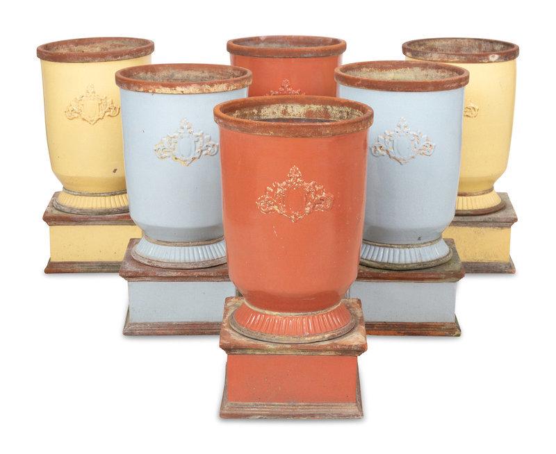 Three Pairs of Glazed Ceramic Planters on Stands  (1 of 3)