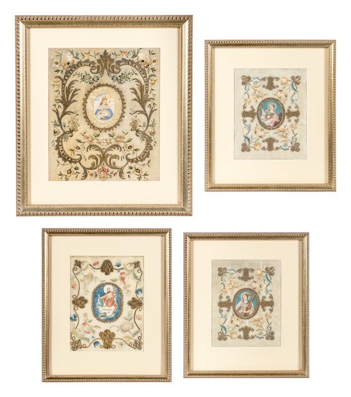 A Group of Four Religious Embroideries: A Group of Four Religious Embroideries 18th/19th Century Largest: 15 x 12 3/8 inches (sight); 22 1/2 x 19 7/8 inches (frame). This lot is located in Chicago. Property from the Estate of Wil