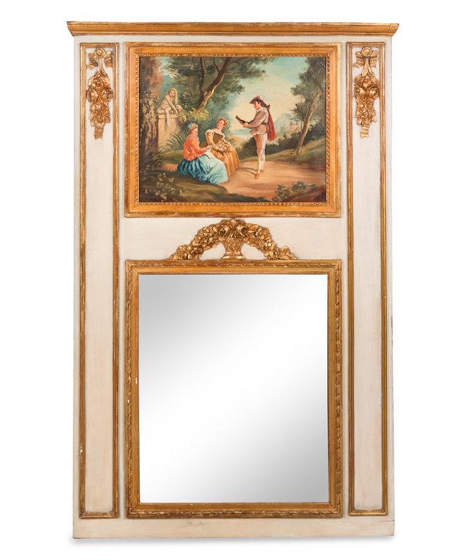 A Louis XVI Style Painted and Parcel Gilt Trumeau Mirror: A Louis XVI Style Painted and Parcel Gilt Trumeau Mirror 19th Century Height 56 3/4 x width 37 inches. This lot is located in Chicago. Condition Conditio
