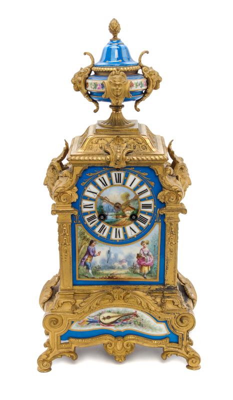 A Louis XVI Style Gilt Metal and Sèvres Style Porcelain Inset Mantel Clock: A Louis XVI Style Gilt Metal and Sèvres Style Porcelain Inset Mantel Clock Movement Signed Japy Frères, Late 19th/Early 20th Century the movement further stamped with a lion, LB a