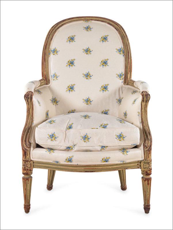 A Louis XVI Style Painted Bergère: A Louis XVI Style Painted Bergère Height 36 x width 25 x depth 19 1/2 inches. This lot is located in Palm Beach. Condition Overall fine, stable condition. The