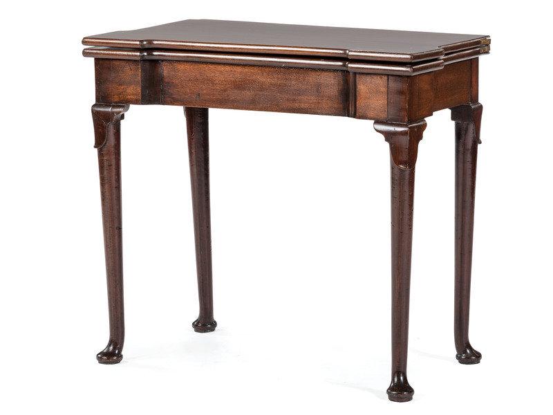 A George III Mahogany Games Table and a Set of Four Queen Anne Style Walnut Dining Chairs: A George III Mahogany Games Table and a Set of Four Queen Anne Style Walnut Dining Chairs 19th Century and Later Height of table 28 1/2 x width 32 x depth 16 3/4 inches; height of chairs 41 1/2 inch